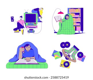 Nostalgic pastimes and retro technology cartoon flat illustrations set. VHS tape, gaming on old console. Reading book, vinyl records 2D characters isolated on white. Collection vector color images