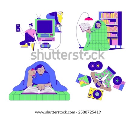 Nostalgic pastimes and retro technology cartoon flat illustrations set. VHS tape, gaming on old console. Reading book, vinyl records 2D characters isolated on white. Collection vector color images