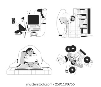 Nostalgic pastimes and retro technology linear illustrations set. VHS tape, gaming on old console. Reading book, vinyl records 2D line characters isolated. Monochrome vector outline images collection