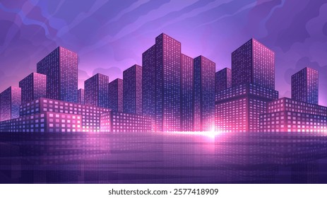 Nostalgic pink cityscape with skyscraper offices in evening horizontal illustration.