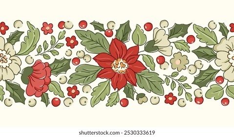 Nostalgic poinsettia and holly garland vector seamless horizontal border. Floral Christmas Pattern. Festive Victorian evergreen design with hand-drawn vintage winter holiday foliage and berries