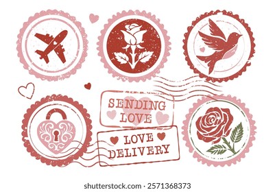 Nostalgic Postage Stamps with Romantic symbols for Valentine's Day design. Includes grunge textures, hearts, and roses for crafting or scrapbooking. Ideal for wedding invitations or love letters