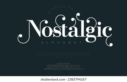 Nostalgic premium luxury elegant alphabet letters and numbers. Elegant wedding typography classic serif font decorative vintage retro. Creative vector illustration