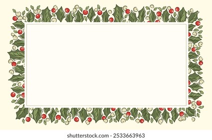 Nostalgic rectangular holly garland illustration in traditional Christmas colors. Festive evergreen border with vintage holiday foliage and berries, ideal for seasonal winter imagery.