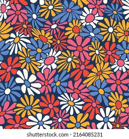 Nostalgic retro 70s groovy print. Hippie style vector seamless pattern.Vintage floral background. Textile and surface design in old fashioned colors