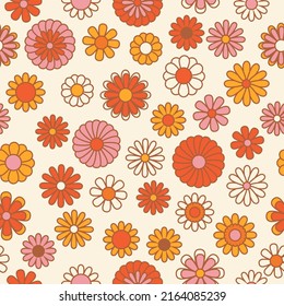 Nostalgic retro 70s groovy print. Vintage floral background. Hippie style vector seamless pattern.  Textile and surface design in old fashioned colors