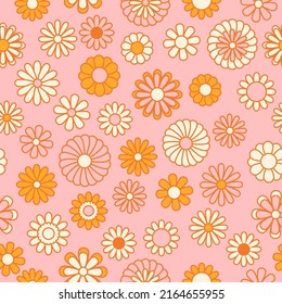 Nostalgic retro 70s groovy print. Vintage floral background. Hippie style vector seamless pattern.  Textile and surface design in old fashioned colors