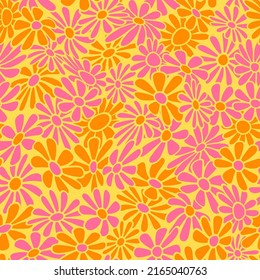 Nostalgic retro 70s groovy print. Hippie style vector seamless pattern.Vintage floral background. Textile and surface design in old fashioned colors