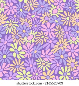 Nostalgic retro 70s groovy print. Hippie style vector seamless pattern.Vintage floral background. Textile and surface design in old fashioned colors