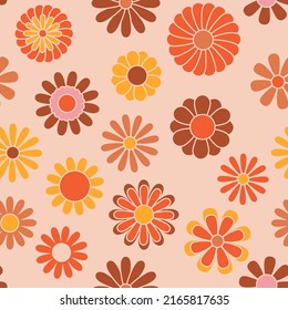 Nostalgic retro 70s groovy print. Vintage floral background. Hippie style vector seamless pattern.  Textile and surface design in old fashioned colors