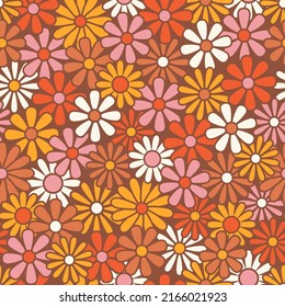 Nostalgic retro 70s groovy print. Hippie style vector seamless pattern.Vintage floral background. Textile and surface design in old fashioned colors