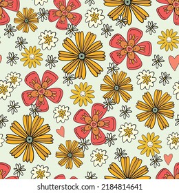 Nostalgic retro 70s groovy print. Hippie style vector seamless pattern.Vintage floral background. Textile and surface design in old fashioned colors