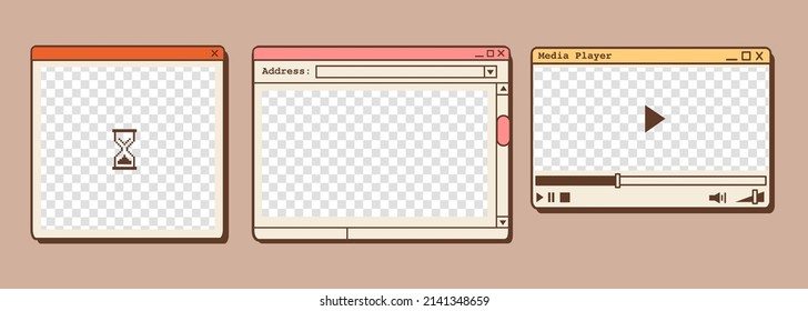 Nostalgic Retro Computer Ui. Vintage Browser And Video Player. Vaporwave And Retrowave Style Old Computer Aesthetics. Vector Set Of 90s Old Desktop User Interface Dialog Windows. Vector Illustration.