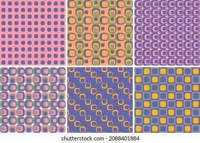 Nostalgic retro geometric shapes seamless repeat pattern. Collection of 70s optical rounded rectangle elements all over surface print backgrounds.