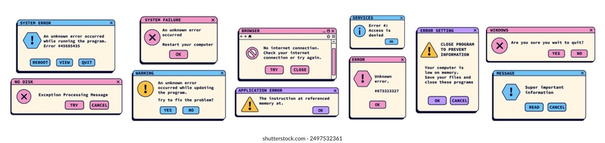 Nostalgic retro operating system illustrations. Error retro windows with messages.