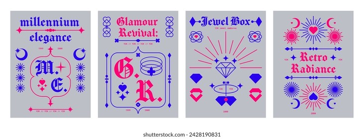 Nostalgic retro style banners set with abstract design elements. Vector illustration of retrowave aesthetic posters, vintage gothic font, heart, moon, star, diamond signs and text on gray background