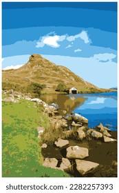 Nostalgic retro travel poster. Pared y Cefn-hir mountain, and Cregennan lake during autumn in the Snowdonia National Park, Dolgellau, Wales, UK.