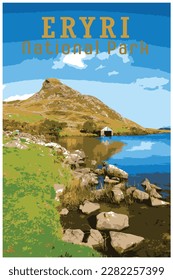 Nostalgic retro travel poster. Pared y Cefn-hir mountain, and Cregennan lake during autumn in the Snowdonia National Park, Dolgellau, Wales, UK.