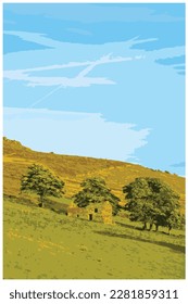 Nostalgic retro travel poster of the Peak District National Park, England, UK in the style of Work Projects Administration.