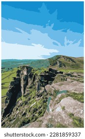 Nostalgic retro travel poster of the Peak District National Park, England, UK in the style of Work Projects Administration.