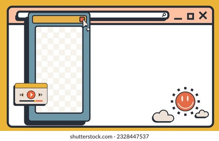 Nostalgic retro y2k old computer style.Cute nostalgic 90s retro.Universal UI Kit for designing responsive websites,Retro vaporwave desktop with message boxes and user interface elements.Online.Vector 