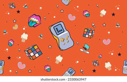 Nostalgic retro y2k old computer style.y2k Pattern.Nostalgic Pattern.  Cute nostalgic 90s retro,Hippie 70s logo.sticker Pattern.Collection of 80s hippie pop art icons.Vacation seamless pattern.Vector 