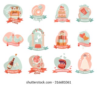 Nostalgic romantic marriage emblems stickers set for presents decoration and ceremony party invitation abstract isolated vector illustration