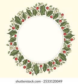 Nostalgic round holly garland illustration in traditional Christmas colors. Festive evergreen border with vintage holiday foliage and berries, ideal for seasonal winter imagery.