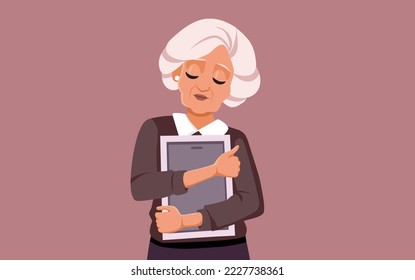 
Nostalgic Sad Elderly Woman Holding a Photo Frame Vector Illustration. Lonely heartbroken widow holding on to her family memories 
