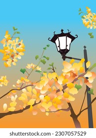 Nostalgic scenery illustration of  flower tree and streetlight in the park.