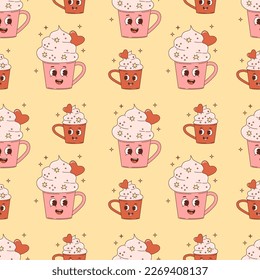 Nostalgic seamless pattern. Retro cartoon characters dessert cups on yellow background. Vector Illustration for wallpaper, design, textile, packaging, decor