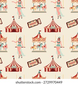 A nostalgic seamless pattern with vintage carnival icons. Features a striped circus tent, a detailed carousel horse, a graceful gymnast, and an admission ticket in a flat retro style. Perfect for