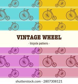 A nostalgic seamless vector pattern featuring classic penny-farthing bicycle illustrations on a retro four-color background. Ideal for vintage-themed branding, stationery, textile design, and decorative projects.