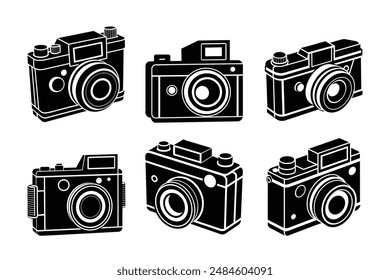 Nostalgic set of old camera silhouettes perfect for photography-themed designs. Ideal for logos, posters, t-shirts, and branding projects. High-quality scalable vector graphics for versatile use.