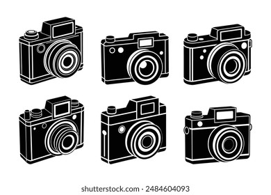 Nostalgic set of old camera silhouettes perfect for photography-themed designs. Ideal for logos, posters, t-shirts, and branding projects. High-quality scalable vector graphics for versatile use.