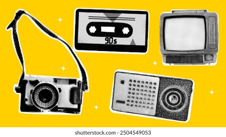 Nostalgic set. Retro old items, TV, radio, camera, audio cassette. Collection of 90s elements. Collage