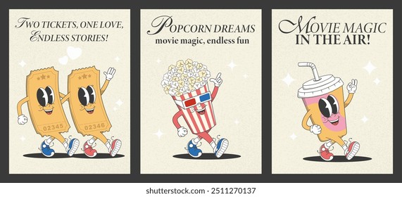 Un conjunto nostálgico de ilustraciones de inspiración retro con divertidos personajes de dibujos animados como entradas de cine, palomitas de maíz y bebidas, perfecto para proyectos de temática cinematográfica y diseños de entretenimiento. Afiches de Vector