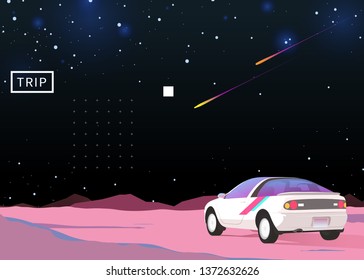 Nostalgic space cosmic sky and vintage coupé car, background illustration