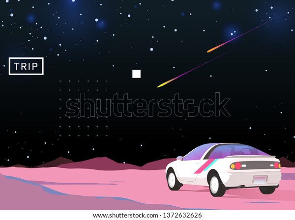 Nostalgic space cosmic sky and vintage coupé\
car, background\
illustration