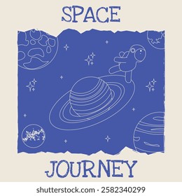 Nostalgic Space journey on Saturn rings. Grunge Cosmic poster cover template design. Astronaut on the Saturn. Modern Astronautics Day placard cover. EPS 10