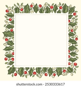 Nostalgic square holly garland illustration in traditional Christmas colors. Festive evergreen border with vintage holiday foliage and berries, ideal for seasonal winter imagery.