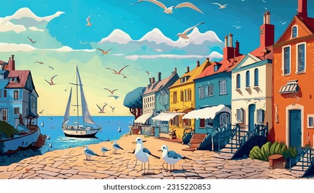 nostalgic summer Cartoon Background reminiscent of a charming seaside town ,beach, vacation, tropical, lifestyle, coast, sunny, sunset, lake, clear, landscape, seagull, boat, houses, port, yacht, boat