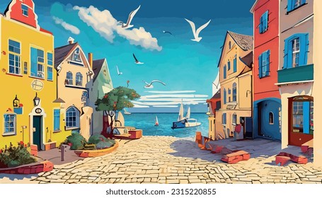 nostalgischer Sommer Cartoon Hintergrund erinnert an eine bezaubernde Stadt am Meer, Strand, Urlaub, tropische, Lifestyle, Küste, sonnigen, Sonnenuntergang, See, klar, Landschaft, Seehöhe, Schiff, Häuser, Hafen, Yacht, Schiff