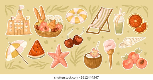 Nostalgic Summer Sticker Pack. Delicate Flat Style Icons with Fruits, Beach Elements, and Drinks. Vector.