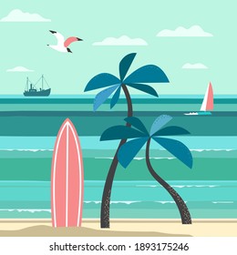 Nostalgic Tropical Nature Vacation Vector Poster. Vintage Holiday Print, Rest Advertisement Banner Template. Hawaiian Surf Summer Retro Style Design. Sesaide Tourist Fun Travel Background Illustration