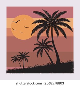 Nostalgic Tropics: Palm Trees in Retro Style. Retro-themed tropical sunset with palm tree scene.