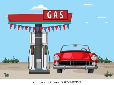 Nostalgic vector illustration featuring a classic red convertible parked at a vintage gas station.