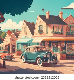 nostalgic vector illustration of a quaint retro village, evoking a sense of nostalgia with vintage cars, classic storefronts, and a timeless charm.