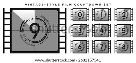 Nostalgic vector illustration set of vintage-style film countdown frames, showcasing classic cinematic reel designs.monochrome collection features countdown numbers ideal for graphic design projects