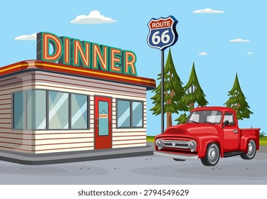 Nostalgic vector illustration of a vintage diner and classic red truck on Route 66.